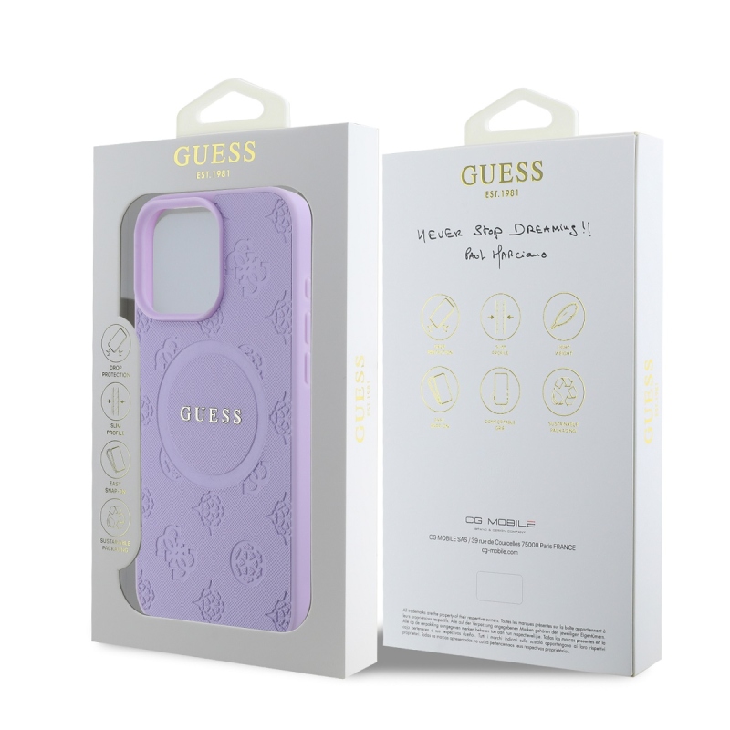 Guess Saffiano Peón Stamp MagSafe Zadný Kryt pre iPhone 16 Pro Purple