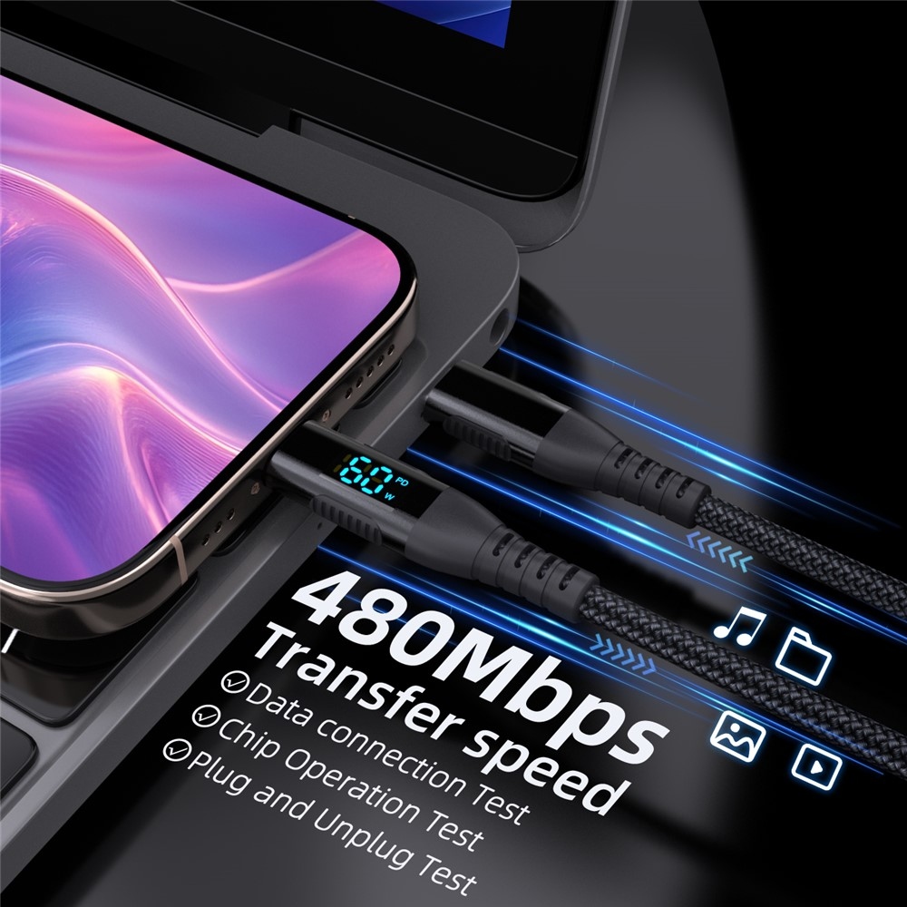 Nylonový kábel USB-C / USB-C s displejom 3m 60W - čierny