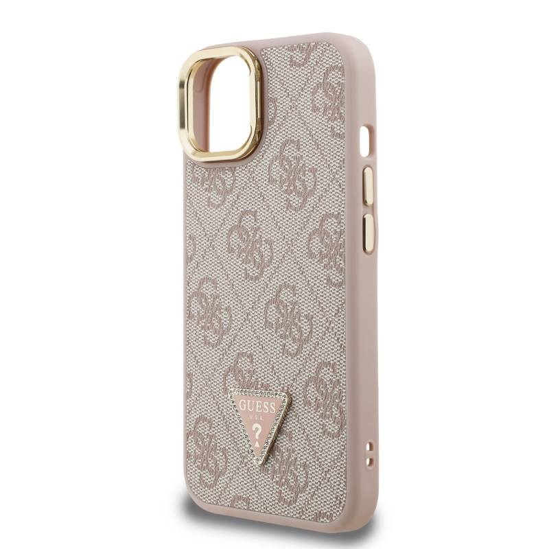 Guess PU 4G Strass Triangle Logo Stand Camera Frame MagSafe Zadný Kryt pre iPhone 14 Pink