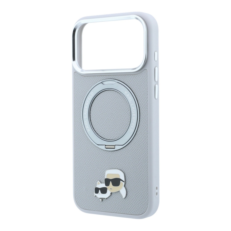 Karl Lagerfeld PU Grained K&CH Heads Ring Stand Magsafe zadný kryt pre iPhone 18 Pro, sivý