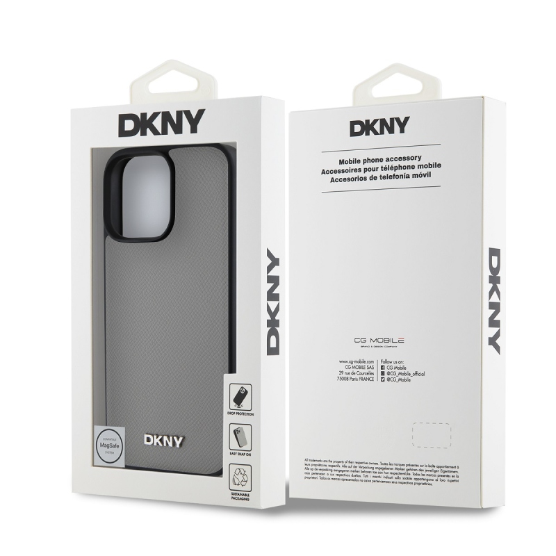 DKNY PU Leather Silver Metal Logo Magsafe Zadný Kryt pre iPhone 16 Pro Grey