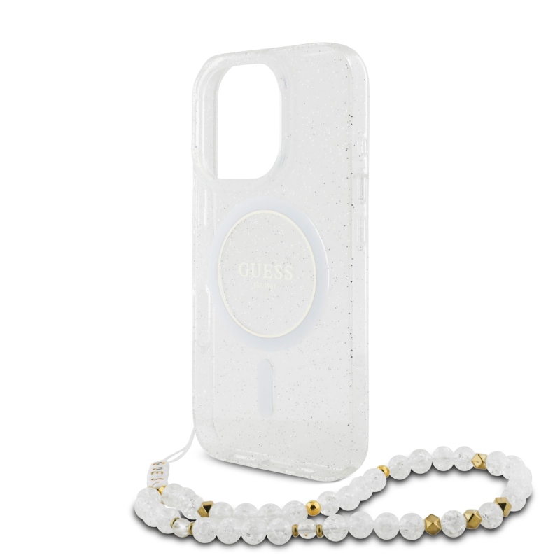 Guess IML Glitter Beads Strap MagSafe Zadný Kryt pre iPhone 16 Pro Max Transparent