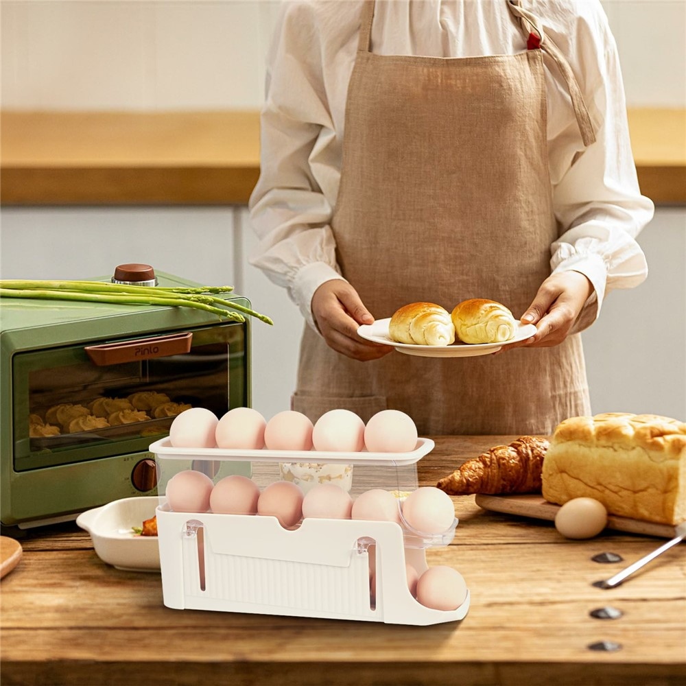 Trojposchodový organizér na vajcia do chladničky s automatickým posuvom – béžový