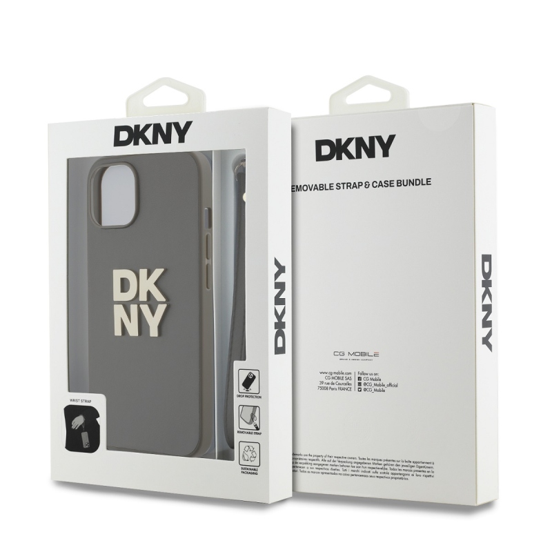 DKNY PU Leather Stack Logo Wrist Strap Zadný Kryt pre iPhone 15 Brown