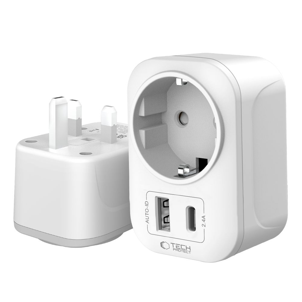 Tech-Protect TA100 cestovný adaptér UK na EÚ s USB-C a USB-A