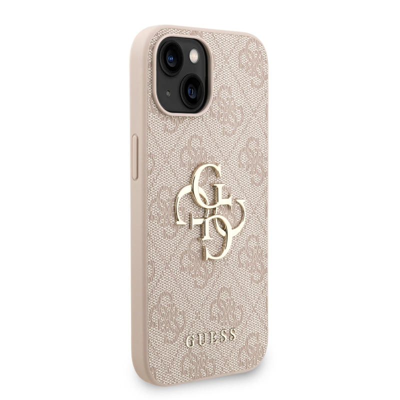 Guess PU 4G Metal Logo Strap Zadný Kryt pre iPhone 15 Pink