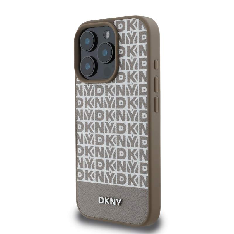 DKNY PU Leather Repeat Pattern Bottom Stripe MagSafe Zadný Kryt pre iPhone 16 Pro Max Brown
