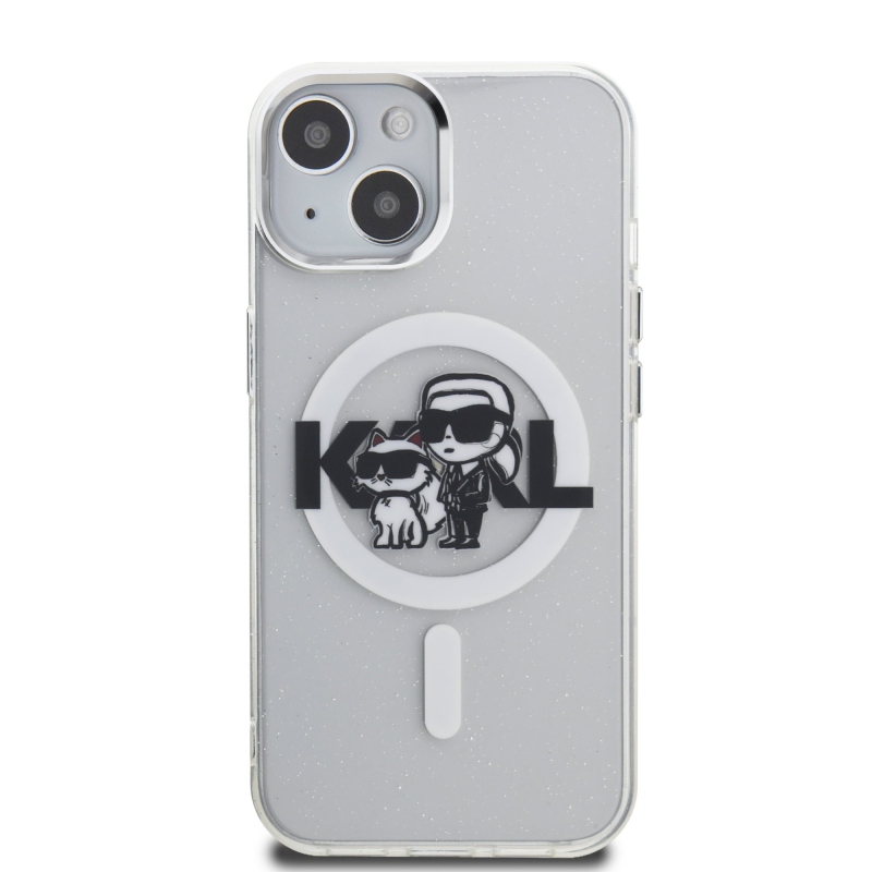 Karl Lagerfeld IML Glitter Karl and Choupette Sketch MagSafe Zadný Kryt pre iPhone 15 Transparent
