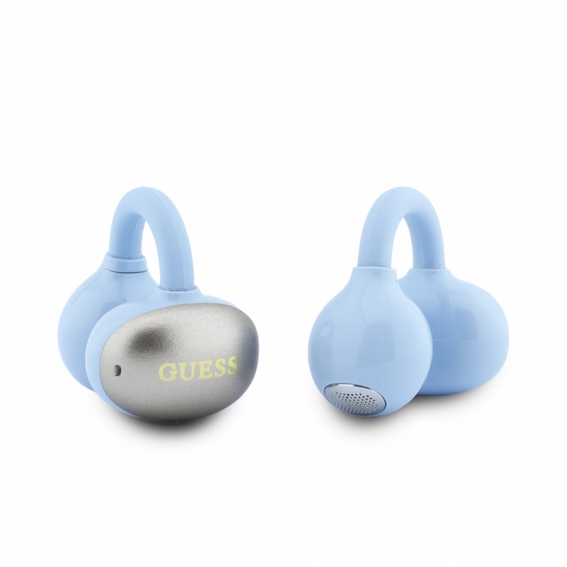 Bezdrôtové slúchadlá Guess s metalickým povrchom, klasickým logom a technológiou OWS, svetlo modré