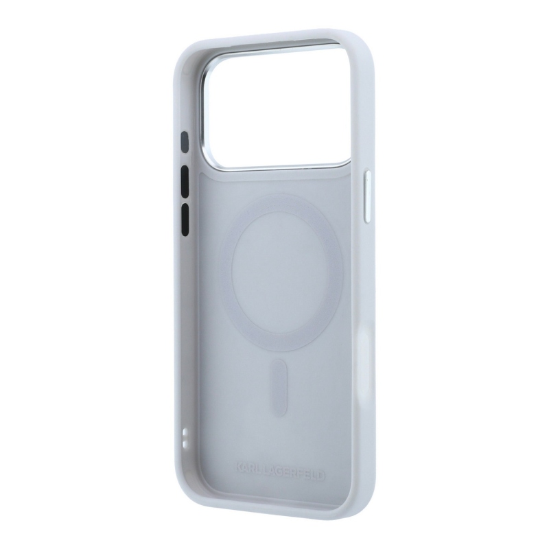 Karl Lagerfeld PU Grained K&CH Heads Ring Stand Magsafe zadný kryt pre iPhone 18 Pro, sivý