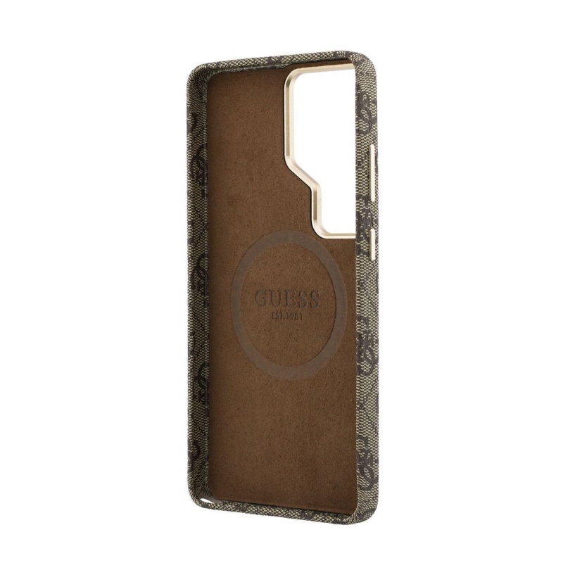 Guess PU 4G Script Metal Logo Magnetický zadný kryt pre Samsung Galaxy S26 Ultra Brown