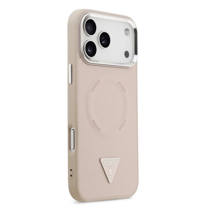 Guess PU kožený zadný kryt MagSafe s trojuholníkovým logom pre iPhone 17 Pro Pink