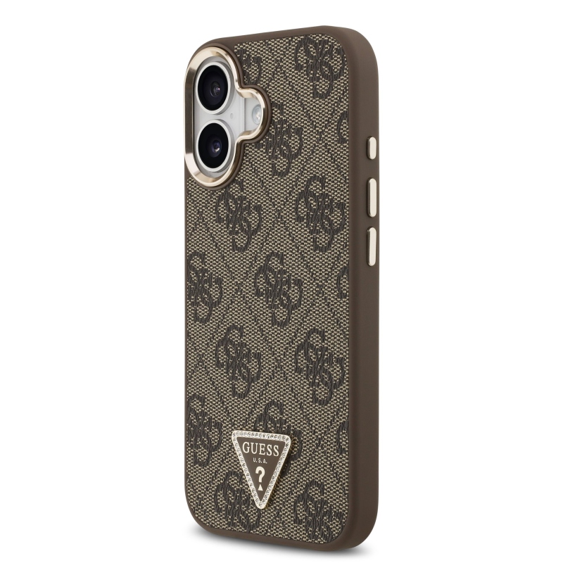 Guess PU kožený zadný kryt 4G Triangle Logo Gold Frame MagSafe pre iPhone 17 Brown