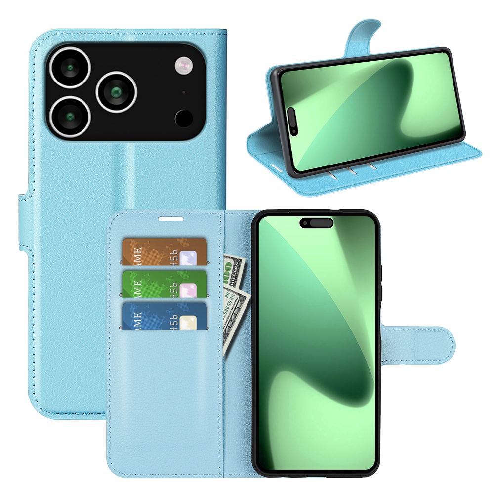 Litchi knižkové púzdro na iPhone 17 Pro - modrý