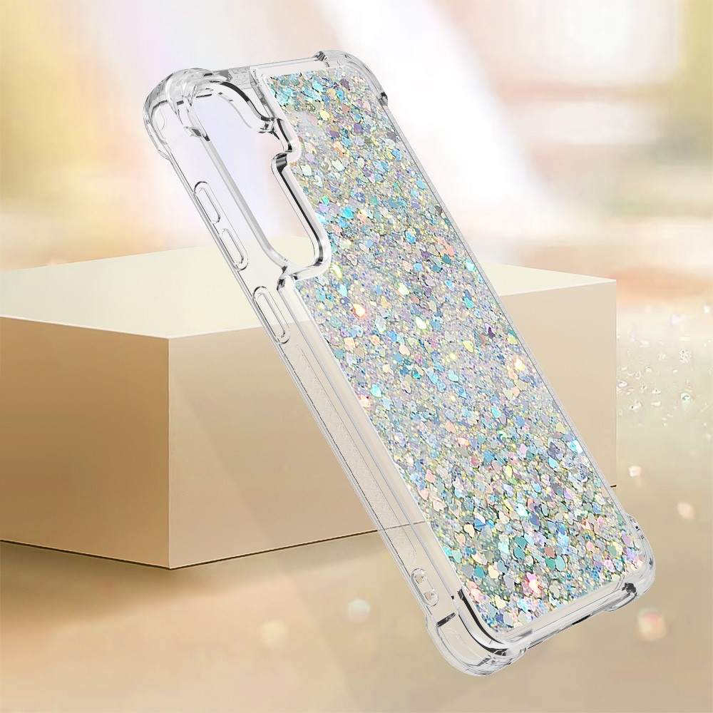 Glitter presýpací gélový obal na mobil Samsung Galaxy S24+ - strieborný/srdiečka