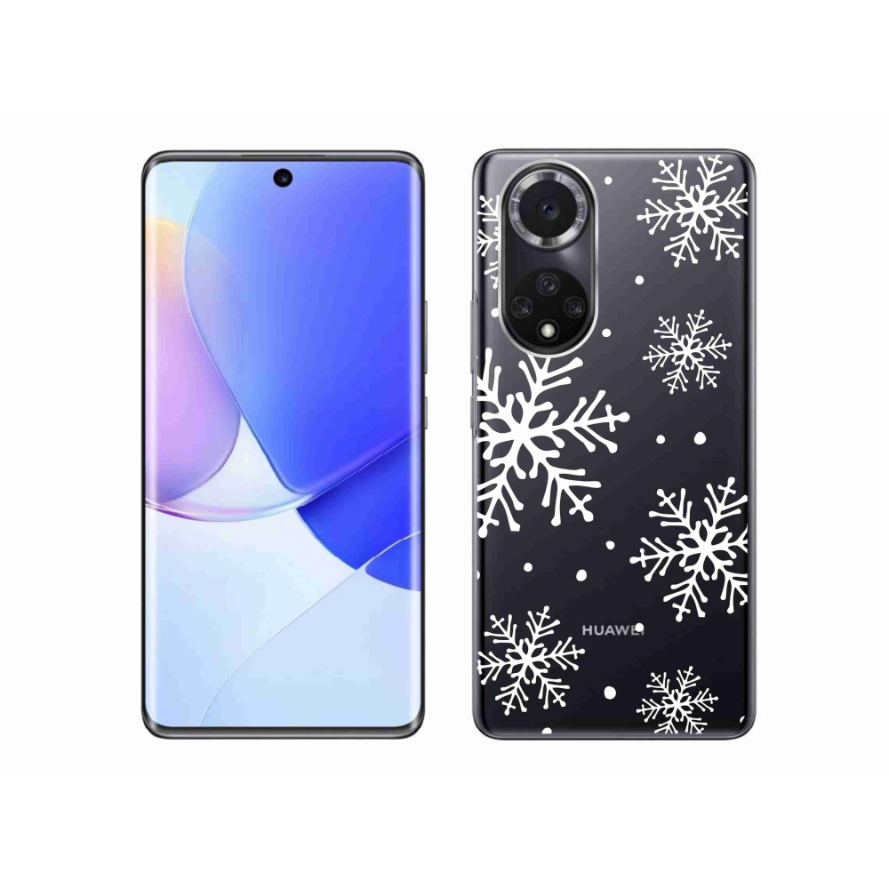 Gélový kryt mmCase na Huawei Nova 9 - biele vločky na priehľadnom pozadí