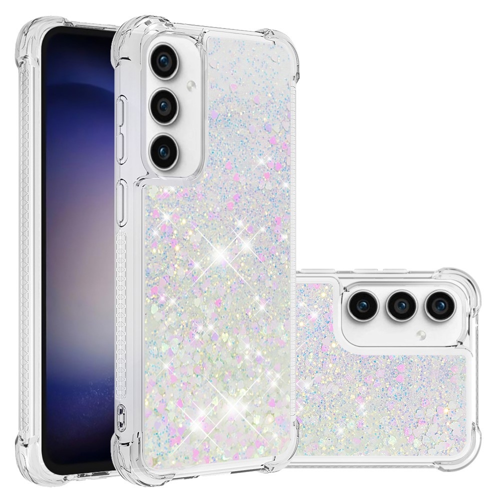 Glitter gélový presýpací obal na Samsung Galaxy S23 FE - ružovo strieborný/srdiečka