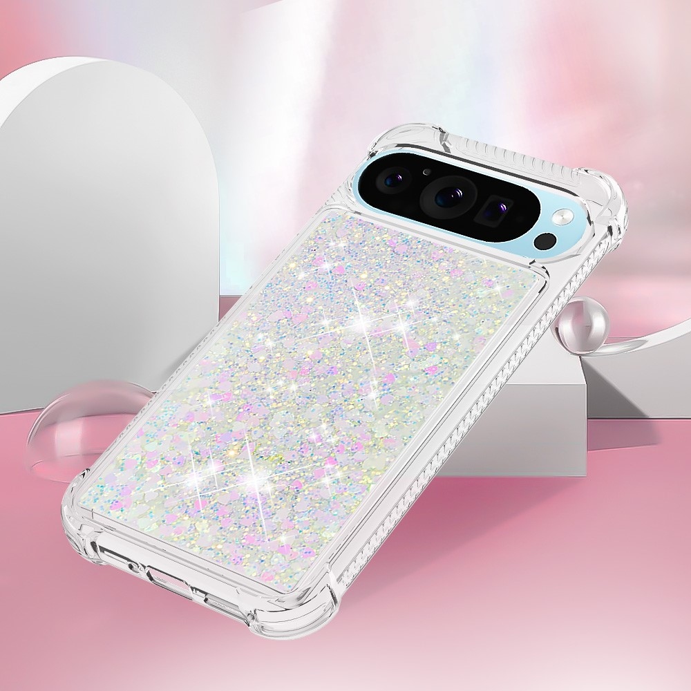 Glitter presýpací gélový obal na Google Pixel 10 Pro/Pixel 10 - ružovostrieborný/srdiečka