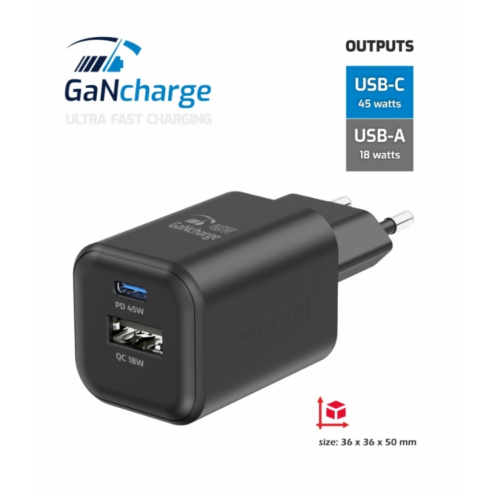 Nabíjačka Swissten GaN 1x USB-C 45W PD + 1x USB-A 18W QC - čierna