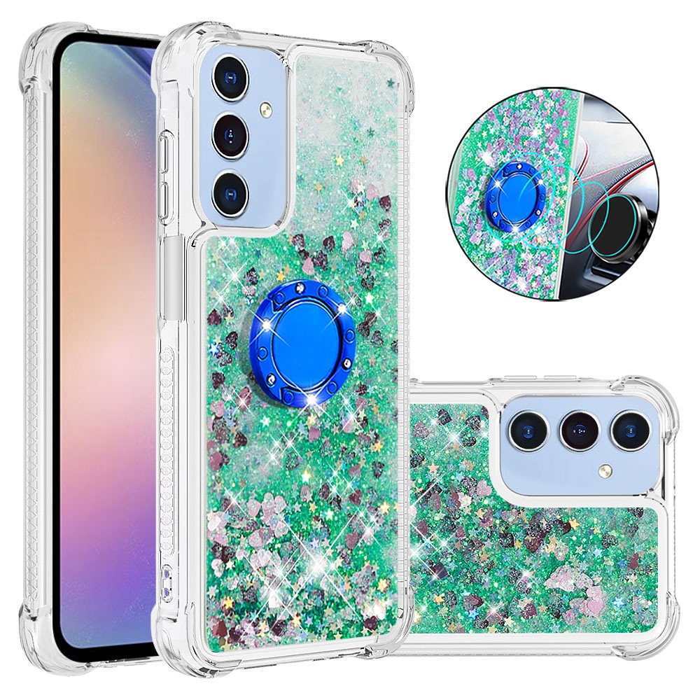 Glitt presýpací gélový obal s krúžkom na prst na Samsung Galaxy A17 5G - zelený/srdiečka