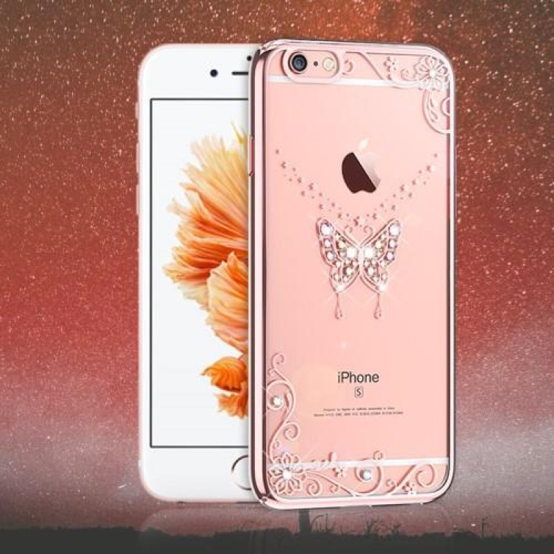 Xbar plastový obal s kryštálovým zdobením na iPhone 6s Plus a 6 Plus - motýľ / Rosegold