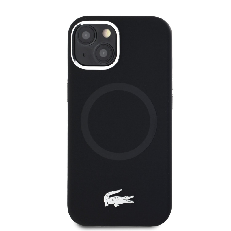 Lacoste Liquid Silicone Microfiber Silver Croc Logo MagSafe Zadný Kryt pre iPhone 15 Black