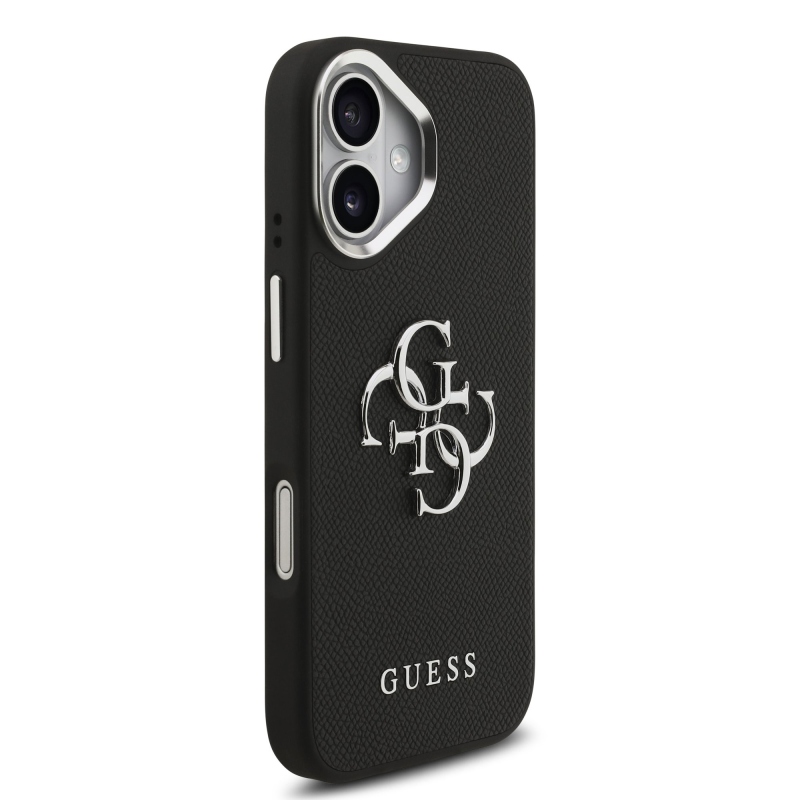 Guess PU zrnitý 4G kovový zadný kryt s logom pre iPhone 17 Black