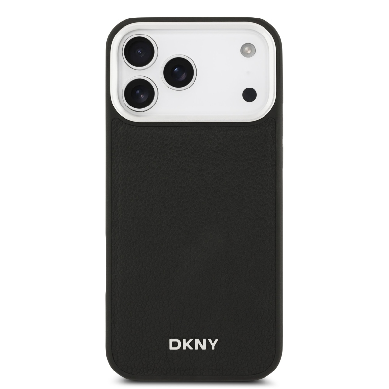 DKNY PU kožený kovový kryt s logom na zápästie MagSafe Back Cover pre iPhone 17 Pro Max Black