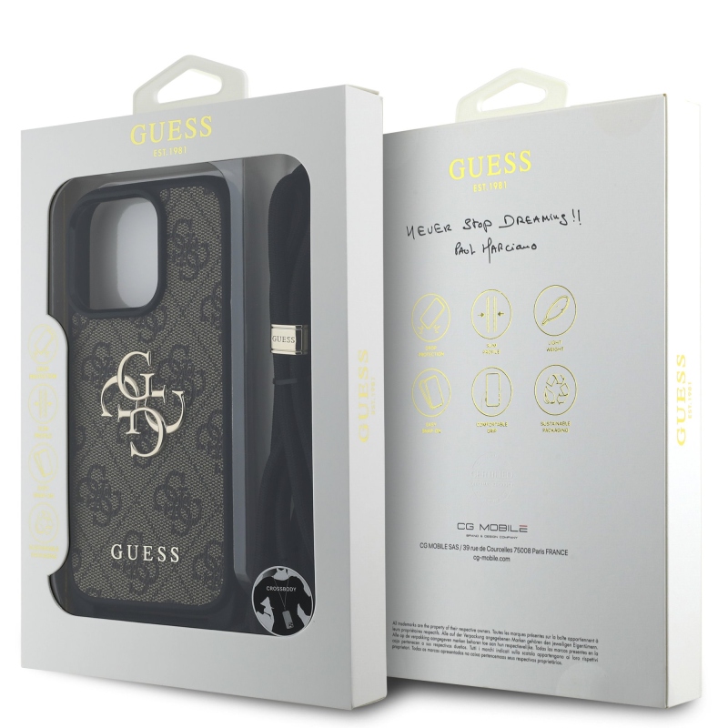 Guess PU 4G Kovové logo Crossbody Strap Zadný kryt pre iPhone 16 Pro Max Brown