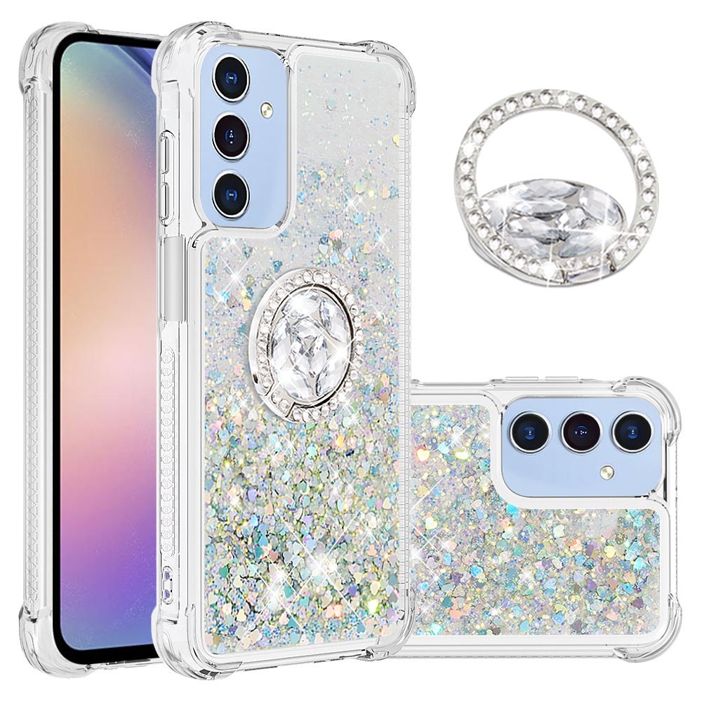 Glitt presýpací gélový obal s krúžkom na prst na Samsung Galaxy A17 5G - strieborný/srdiečka