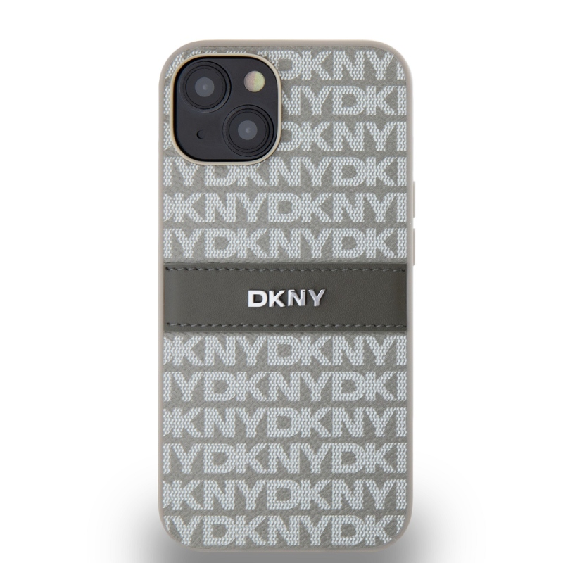 DKNY PU Leather Repeat Pattern Tonal Stripe Zadný Kryt pre iPhone 14 Beige