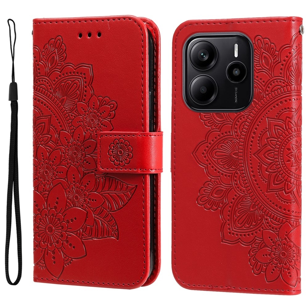 Floral knižkové púzdro na Xiaomi Redmi Note 14 - červené