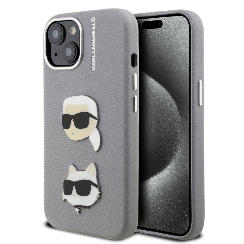 Karl Lagerfeld Grained PU K&CH Heads Zadný Kryt pre iPhone 15 Grey