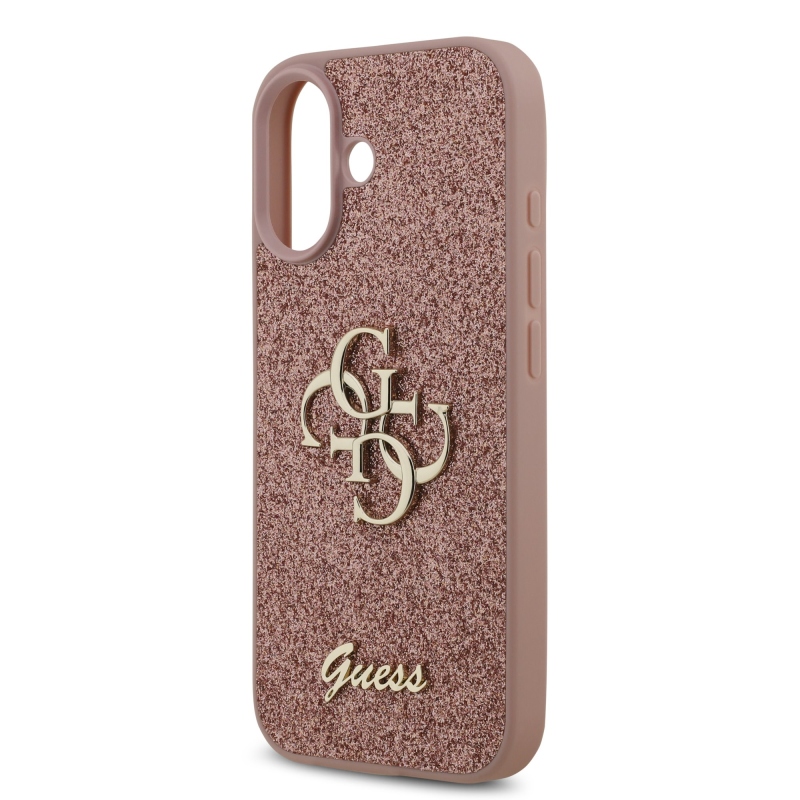 Guess PU pevný zadný kryt s kovovým logom 4G s trblietkami pre iPhone 17 Pink
