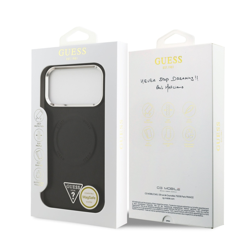 Guess PU kožený zadný kryt MagSafe s trojuholníkovým logom pre iPhone 17 Pro Black