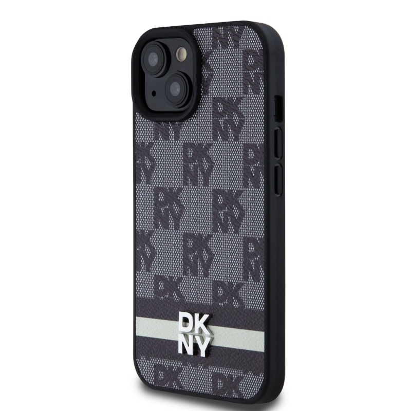 DKNY PU Leather Checkered Pattern and Stripe Zadný Kryt pre iPhone 15 Black