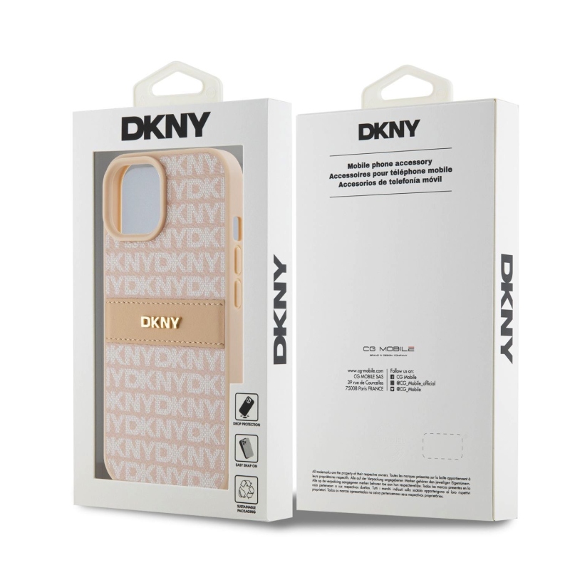 DKNY PU Leather Repeat Pattern Tonal Stripe Zadný Kryt pre iPhone 15 Pink