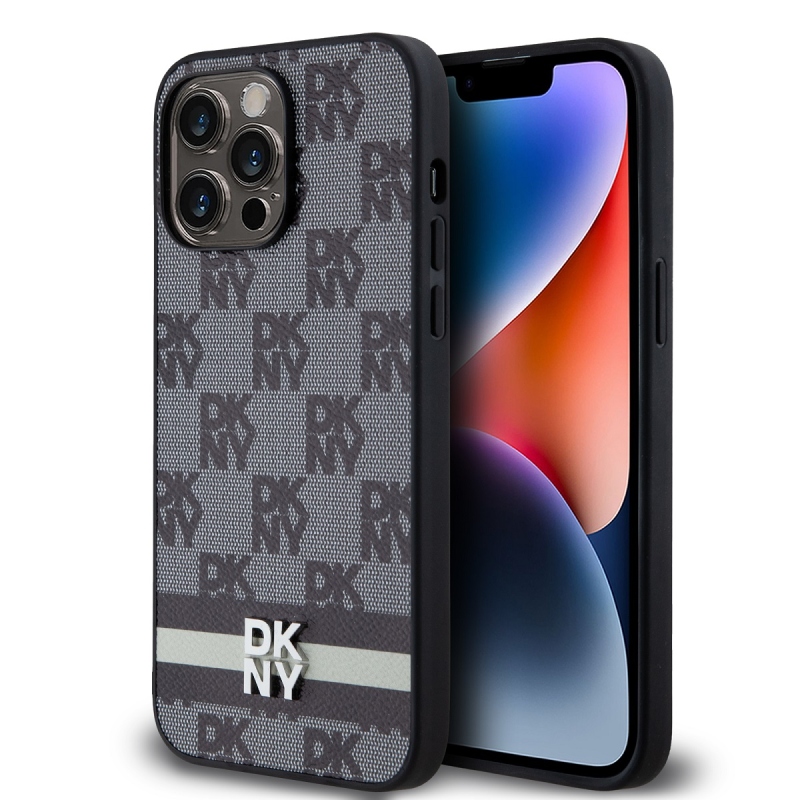 DKNY PU Leather Checkered Pattern and Stripe Zadný Kryt pre iPhone 15 Pro Max Black