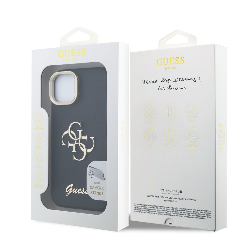 Guess PU Grained 4G Logo Stand Camera Frame Zadný Kryt pre iPhone 14 Black