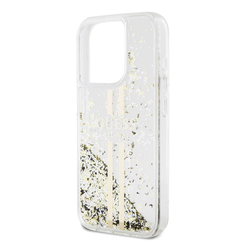 Guess PC/TPU Liquid Glitter Gold Stripe Zadný Kryt pre iPhone 15 Pro Max Transparent