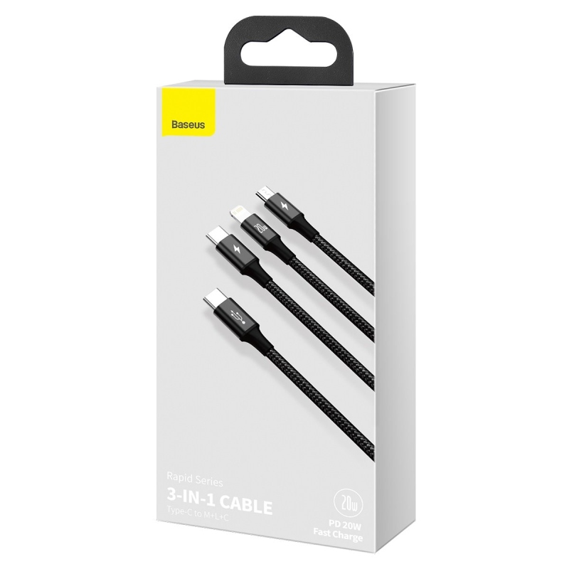Baseus Rapid Series 3v1 Fast Charging Dátový Kábel USB-C - USB-C/Lighting/MicroUSB 20W 1.5m Black