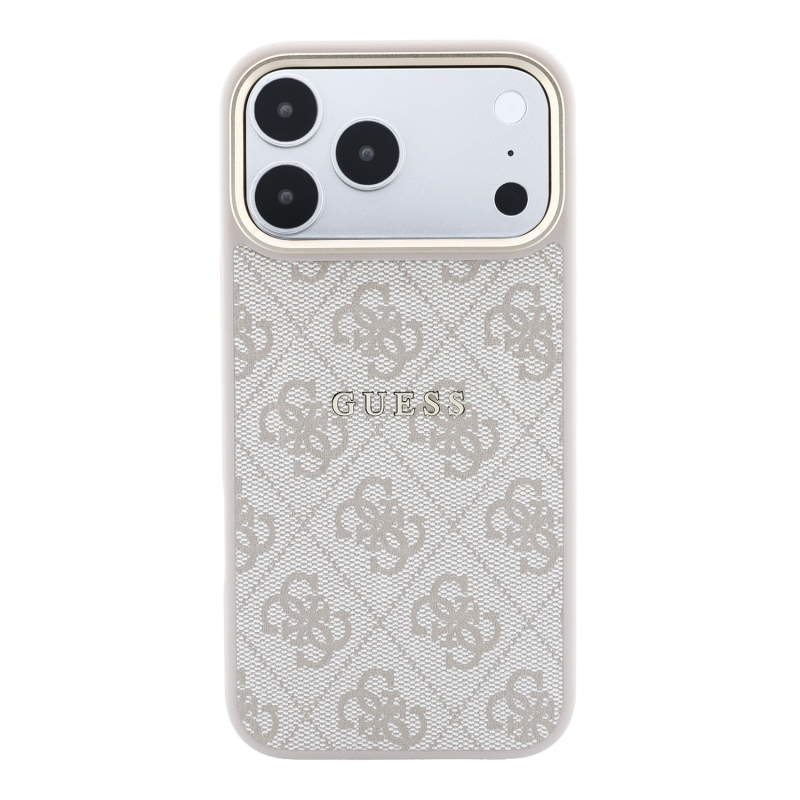 Guess PU koža 4G so zlatým rámom a reliéfom, zadný kryt MagSafe pre iPhone 18 Pro, ružový