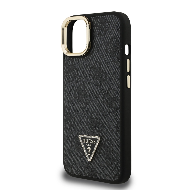 Guess PU 4G Strass Triangle Logo Stand Camera Frame MagSafe Zadný Kryt pre iPhone 15 Black
