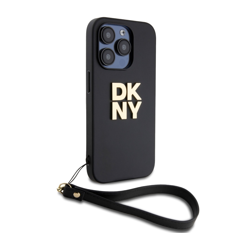 DKNY PU Leather Stack Logo Wrist Strap Zadný Kryt pre iPhone 15 Pro Black