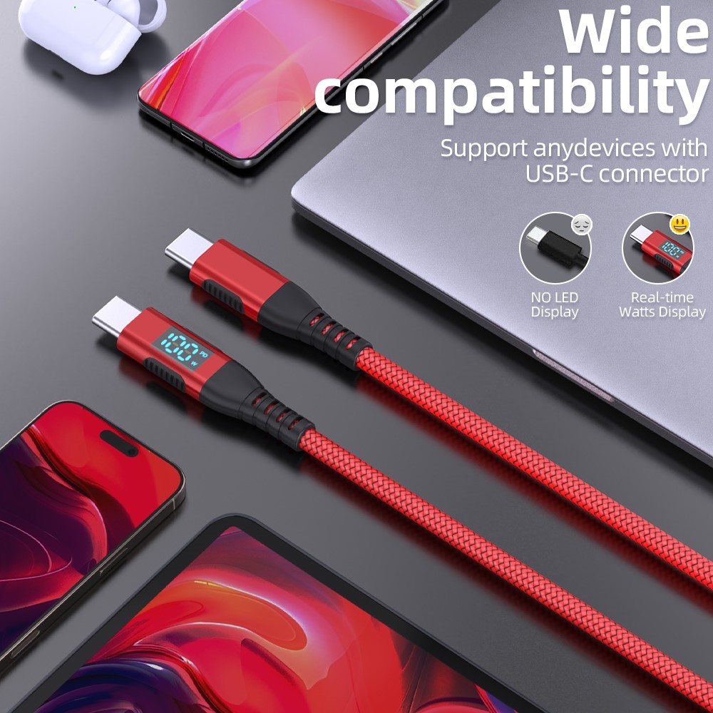 Nylonový kábel USB-C / USB-C s displejom 1m 100W - červený