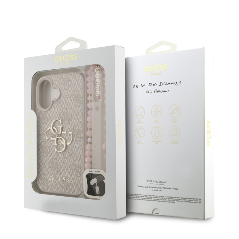 Guess PU 4G Metal Logo Strap Zadný Kryt pre iPhone 16 Pink