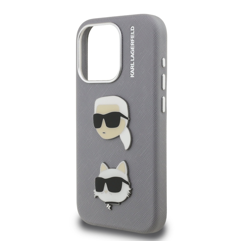 Karl Lagerfeld Grained PU K&CH Heads Zadný Kryt pre iPhone 15 Pro Max Grey