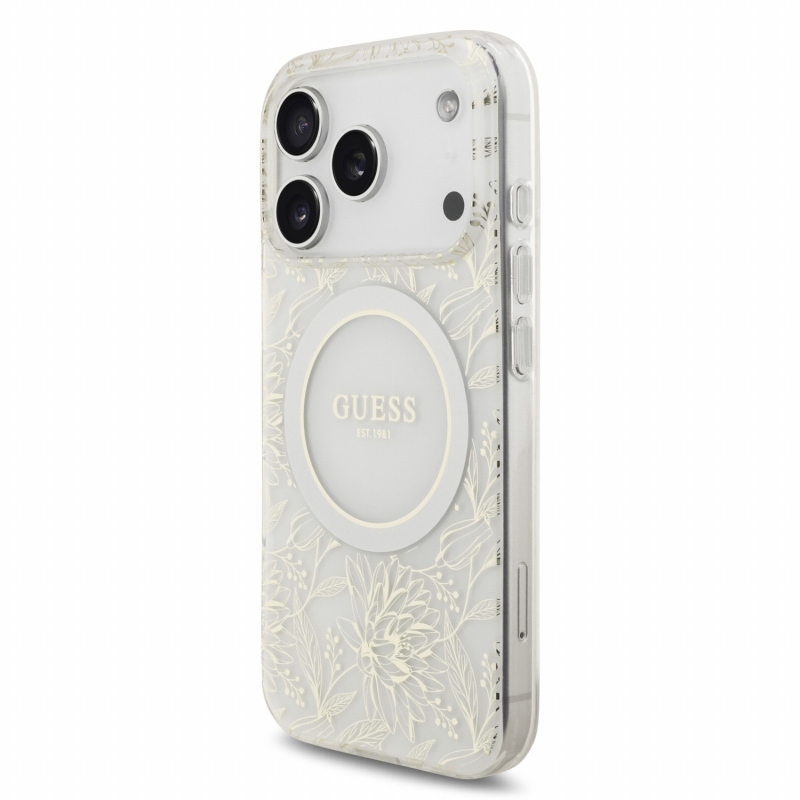 Guess IML Flowers Allover Strap MagSafe zadný kryt pre iPhone 18 Pro, biely