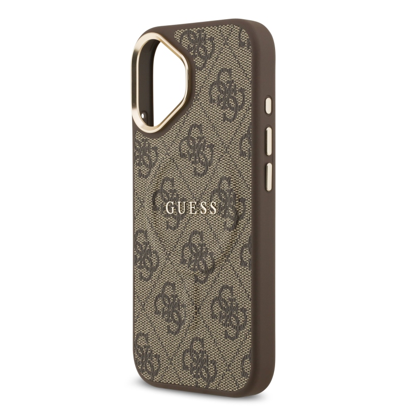 Guess PU kožený zadný kryt 4G Gold Frame MagSafe pre iPhone 17 Brown
