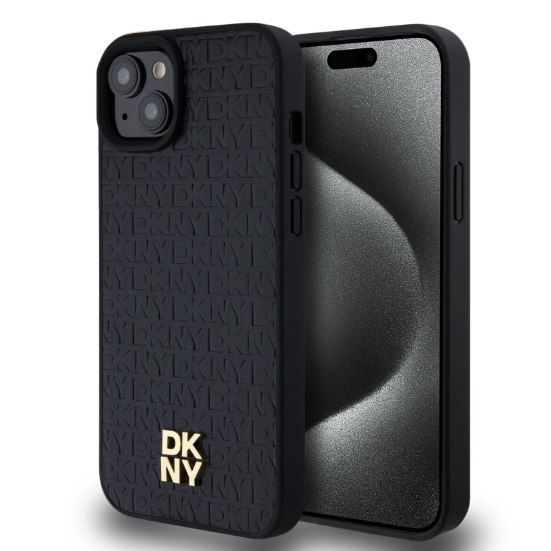 DKNY PU Leather Repeat Pattern Stack Logo Magsafe Zadný Kryt pre iPhone 15 Plus Black